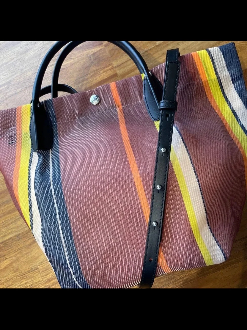 Mulberry Striped Canvas Tote in Brown with Black Handles